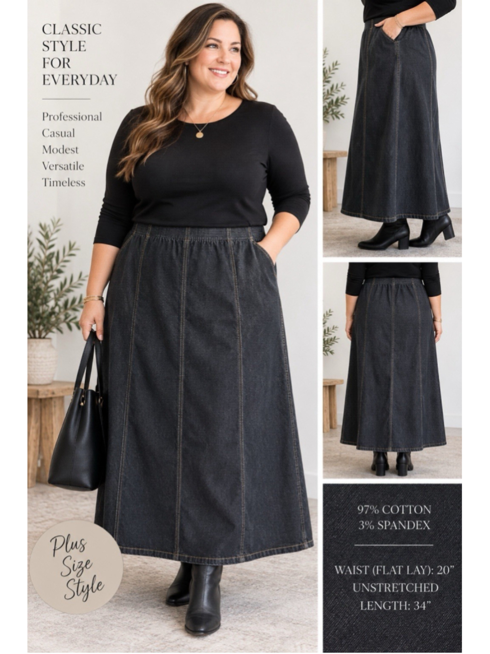 Black Denim Maxi Skirt Womens Elastic Waist A Line Long Modest Career 20” Waist